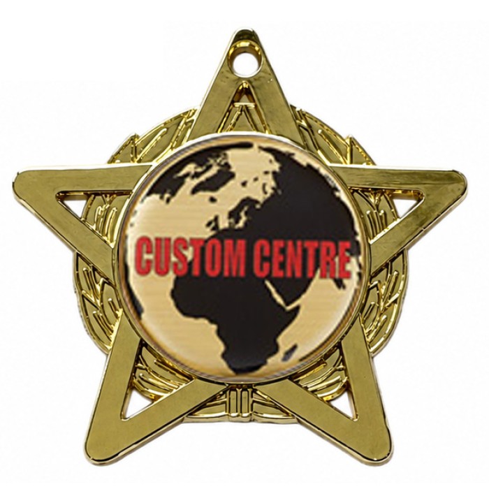 CUSTOM DOMED CENTRE MEDAL -  50MM STAR - GOLD, SILVER OR BRONZE